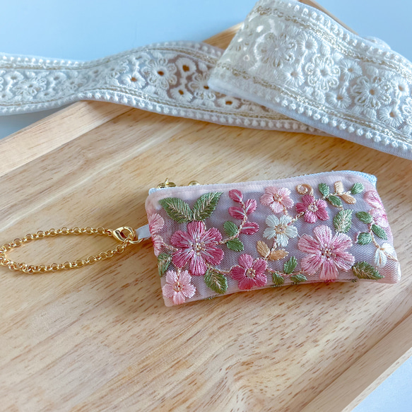 再販・pink】インド刺繍リボン♡10cmファスナーのリップケース