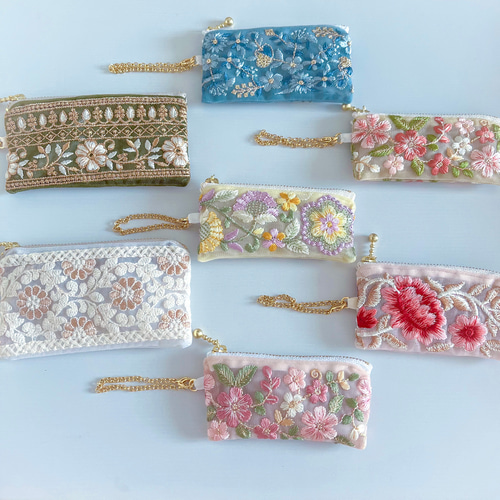 リップポーチ　ポーチ　ミニポーチ　インド刺繍　リボン　ピンク　927-1 リップポーチ ポーチ ミニポーチ インド刺繍 リボン ピンク 927