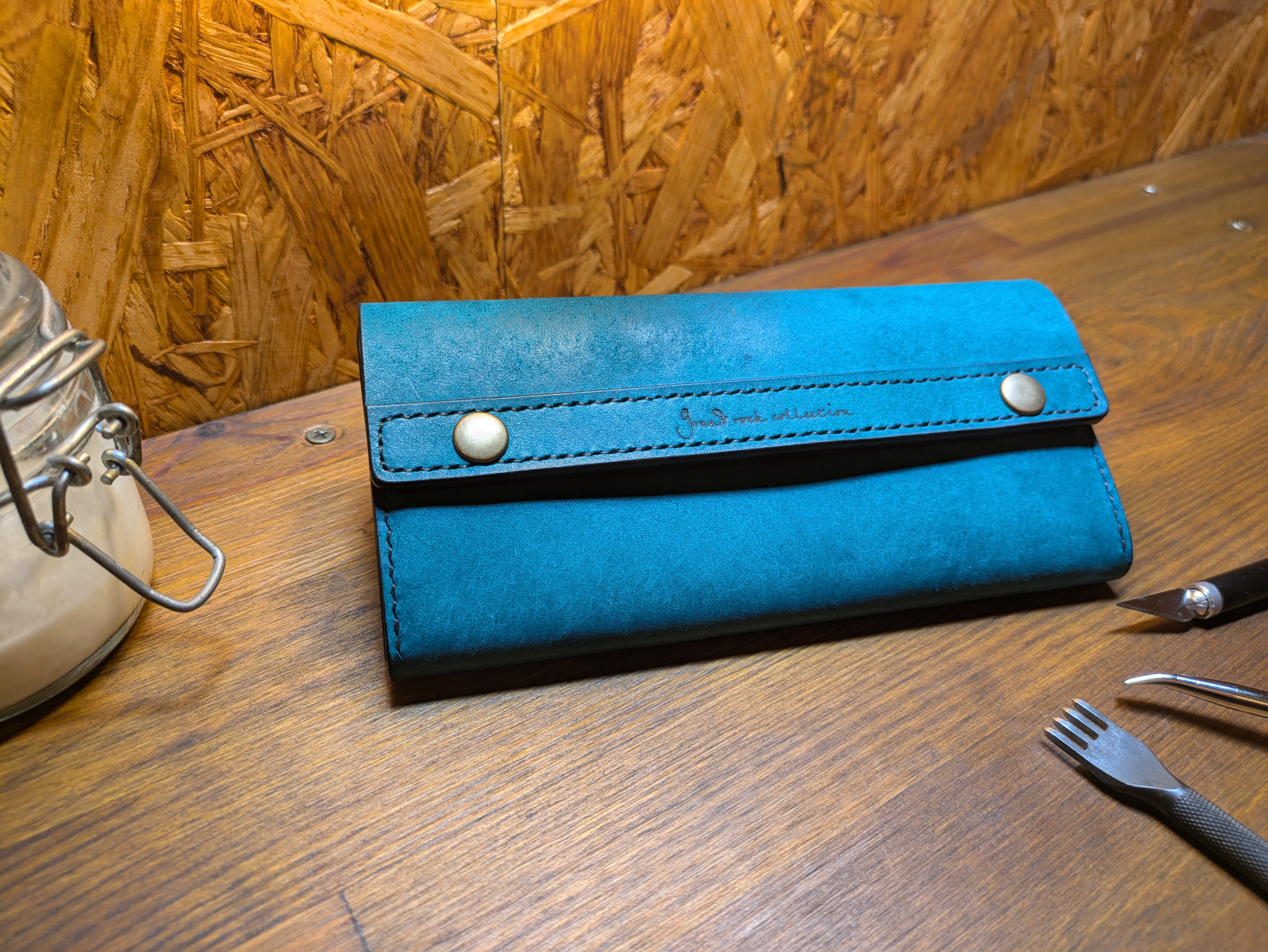 Long wallet-002-ターコイズ　革財布