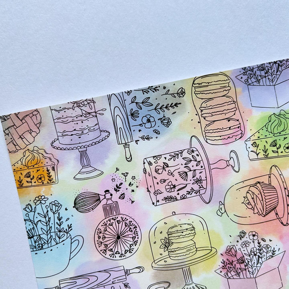 オリジナル デザインペーパー 線画お菓子　カラフル　A4 10枚 1枚目の画像