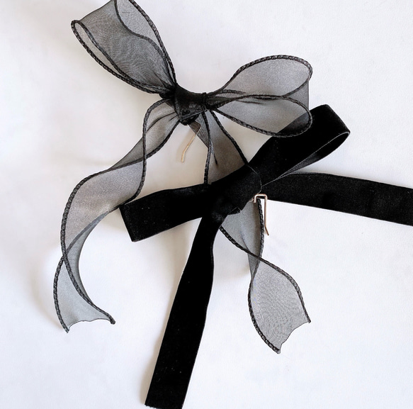 2点セット【ブラック】ベロアリボン ➕ オーガンジーリボン / 卒業式 パーティ ウェディング 黒 ヘッドドレス 5枚目の画像