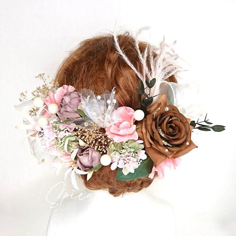 【一点限定】ブラウンローズとピンクお花のヘッドドレス 髪飾り 成人式 袴 卒業式 ウェディング 造花 大人かわいい 洋風