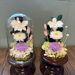 可愛いプリザーブドフラワー の供花 仏花 クリアドーム ボトルフラワー ホワイト　ピンク　デンファレ　小菊 2枚目の画像