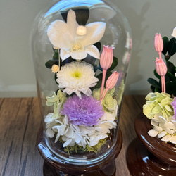 可愛いプリザーブドフラワー の供花 仏花 クリアドーム ボトルフラワー ホワイト　ピンク　デンファレ　小菊 3枚目の画像
