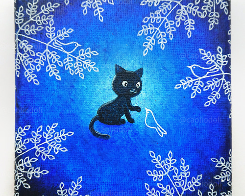 絵画。原画☆キャンバスF6【黒猫はプレゼントを持って花が咲く日を迎えに行く】 絵画。原画☆キャンバスF6【黒猫はプレゼントを持って花が咲く日