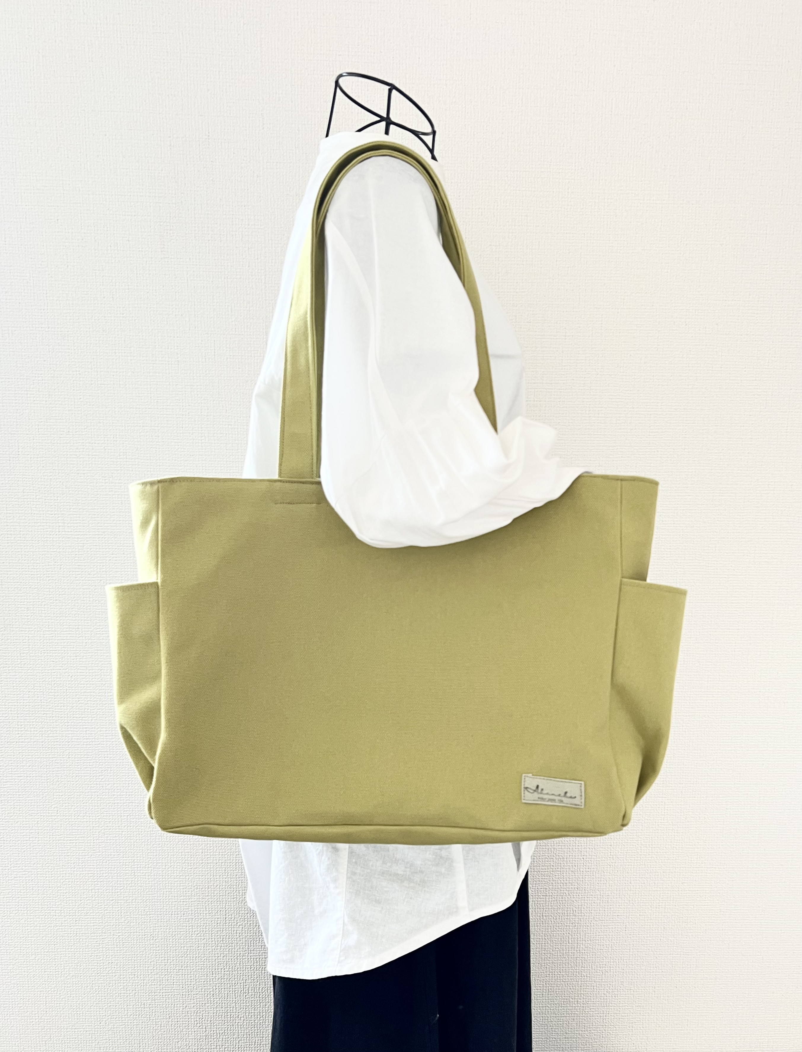 【Lサイズ】ヒワグリーン　8号倉敷帆布使用　肩掛けバッグ　akaneko 大きめバッグ　A4 鶯色　抹茶色