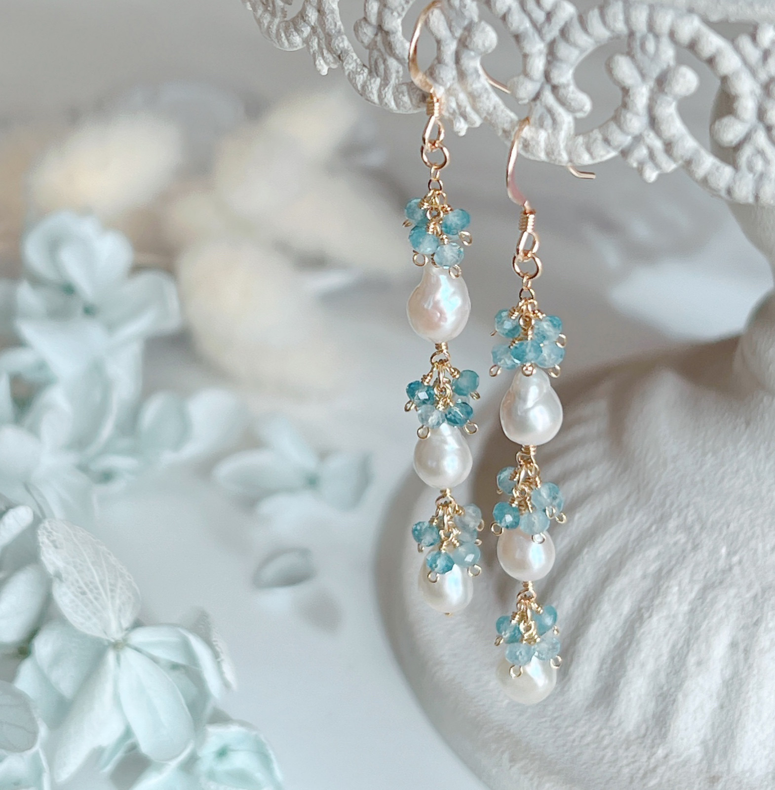 【14kgf】淡水パール×アクアマリン＊ピアス