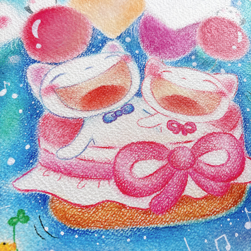 絵画。原画【可愛い猫ちゃんたちを連れて楽しい遠足に行く】 一点物原画【気球に乗った白ねこちゃん】ホスピタルアート～送料