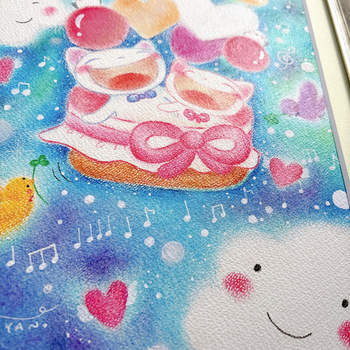 絵画。原画【かわいい白い猫が夜に梯子を登って光る星を集める】 絵画。原画【かわいい白い猫が夜に梯子を登って光る星を集める