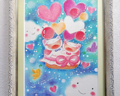 原画 「ねこと小鳥のフラワーガーデン（クリムトへのオマージュ