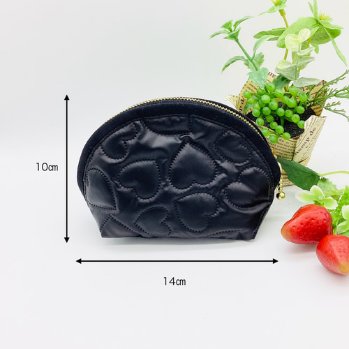 圧着キルトポーチ☆ハート&花柄（ブラック）チューリップ ポーチ