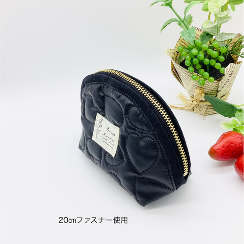 圧着キルトポーチ☆ハート&花柄（ブラック）チューリップ ポーチ
