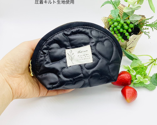 圧着キルトポーチ☆ハート&花柄（ブラック）チューリップ ポーチ