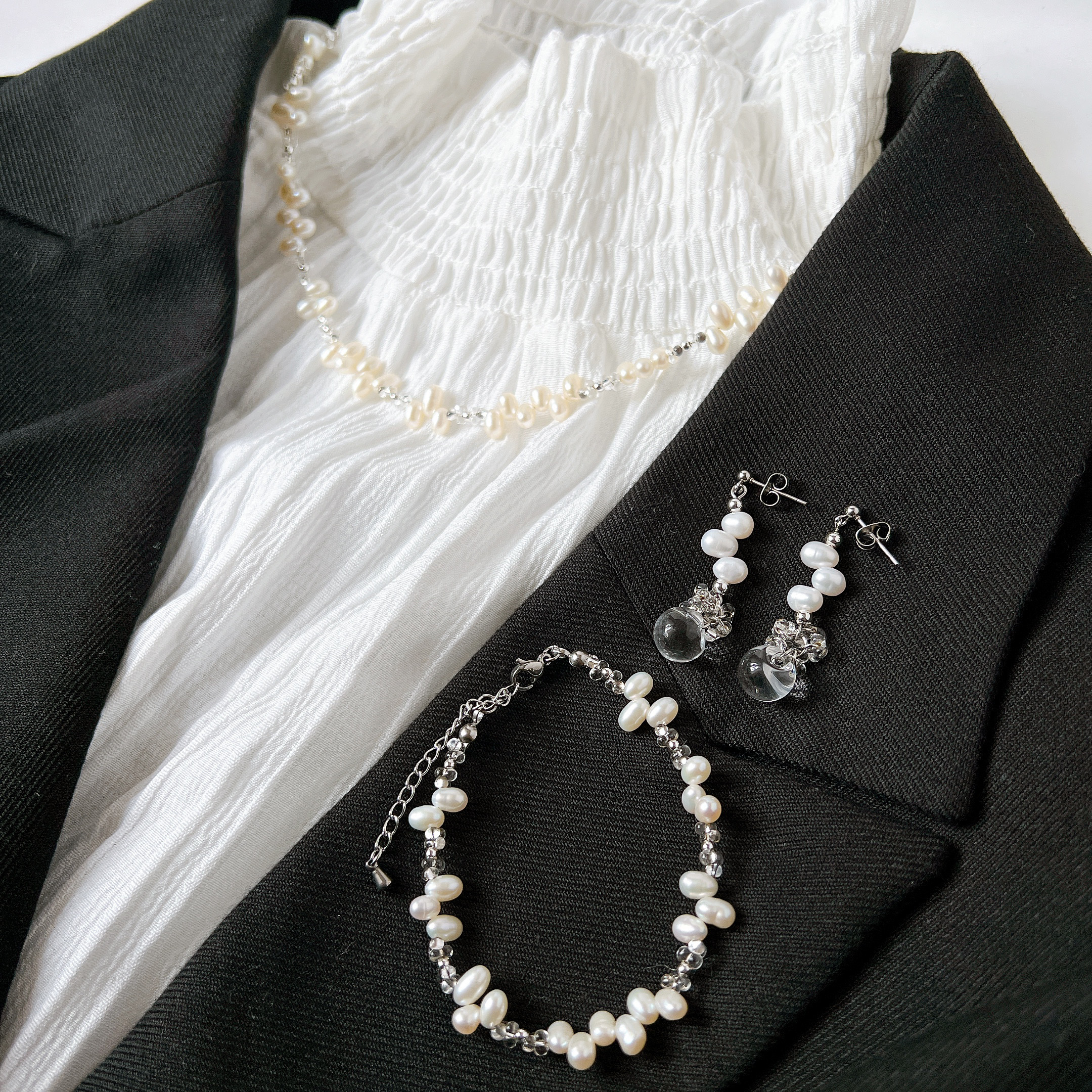 クレオ淡水パール✧卒業式・入学式　フォーマル3点セット/ピアス・ブレスレット・ネックレス