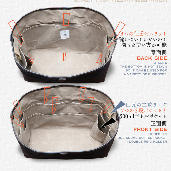A4サイズ横型トート ネイビー帆布 x イタリア革CA ハンドル長さ選択可機能性多数 収納仕分けで仕事の相棒を 7枚目の画像