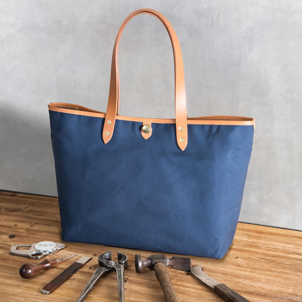 A4サイズ横型トート ネイビー帆布 x イタリア革CA ハンドル長さ選択可機能性多数 収納仕分けで仕事の相棒を