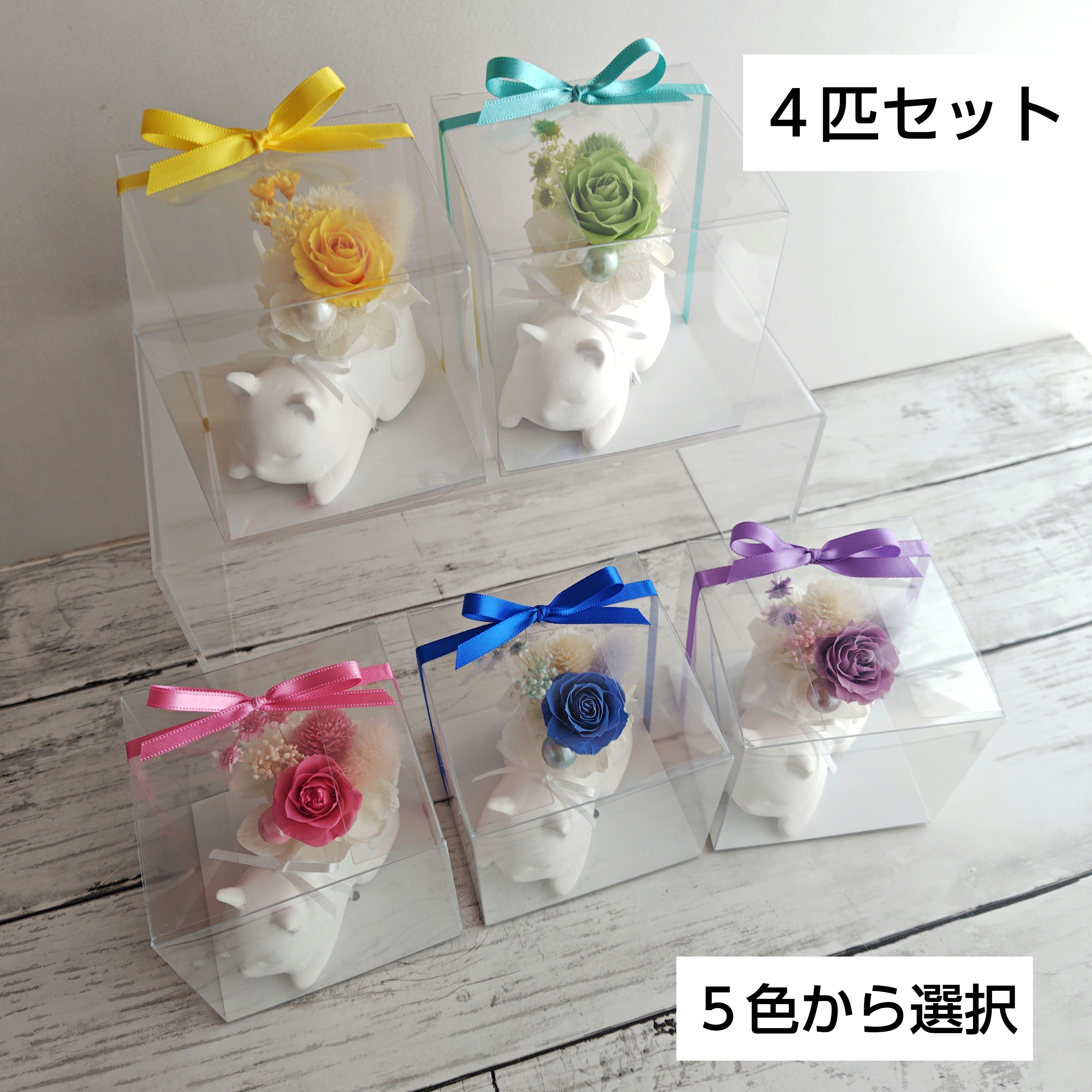 『４匹セット』　プリザーブドフラワー　ミニ猫アレンジ　５色から４つ選択　　ブリザードフラワー　プリザ　クリアボックス入り