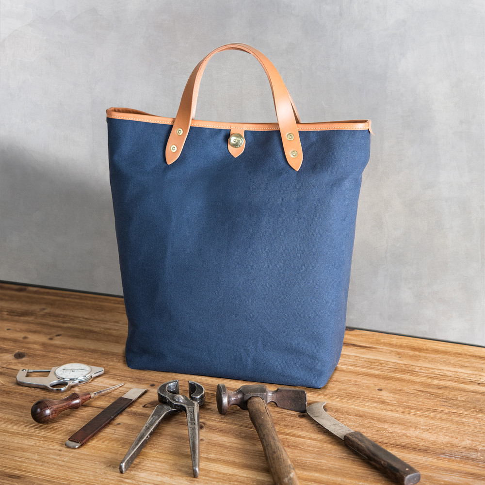 A4サイズ縦型トート ネイビー帆布 x イタリア革CA ハンドル長さ選択可機能性多数 収納仕分けで仕事の相棒を