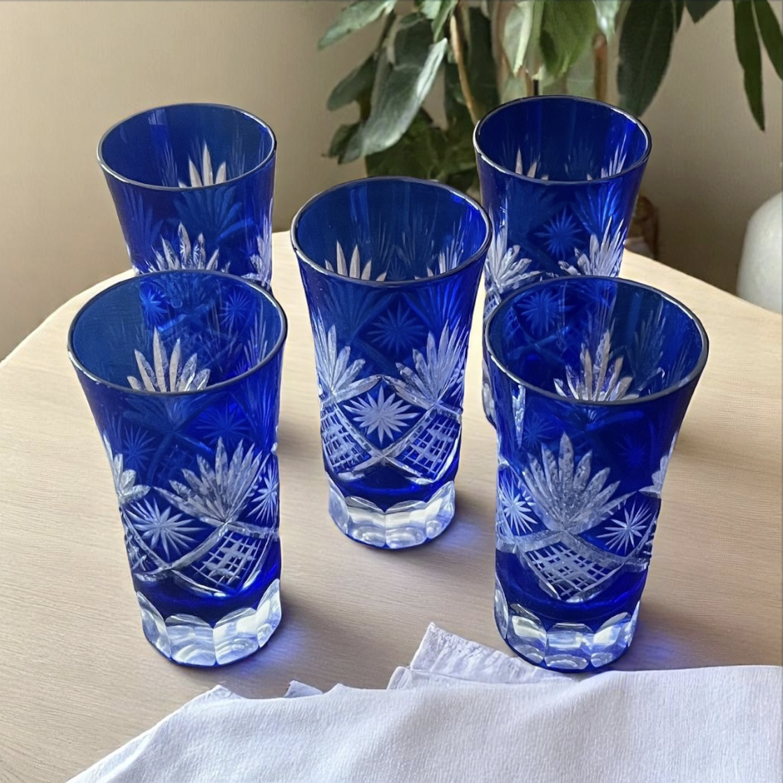切子グラス 5客 色被せガラス 青 no.209 ブルー