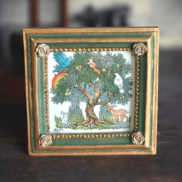 ミニ原画「平和の木」ペン画 オリジナルフレーム 植物のアート 緑 動物