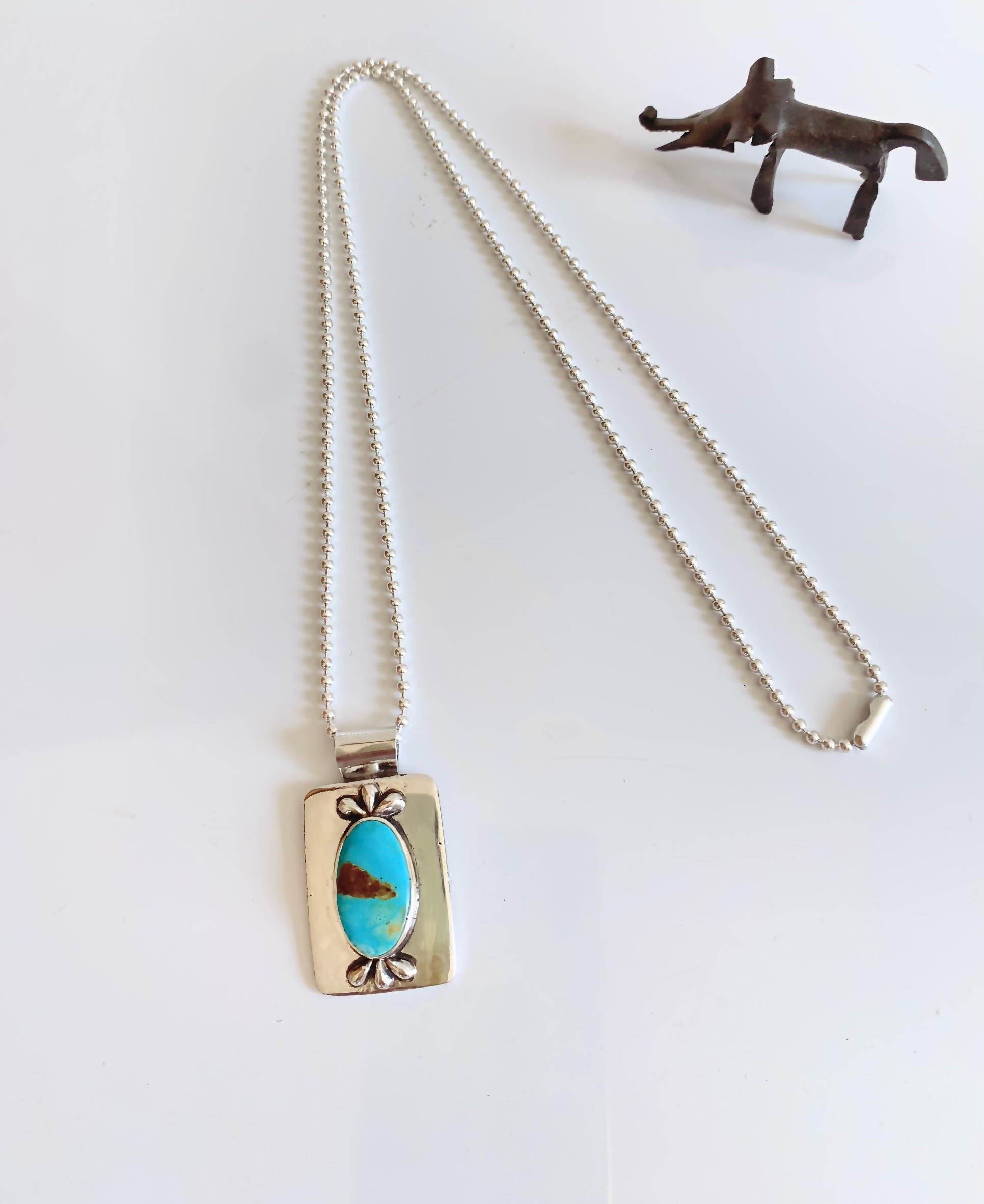 送料無料/Silver950 ロイストンターコイズ/シルバーネックレス/チェーン & 革紐付き