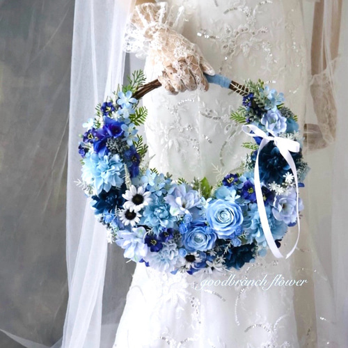オーダーリースブーケ お花たっぷり爽やかなブルー系リースブーケ 造花ウェディングブーケ