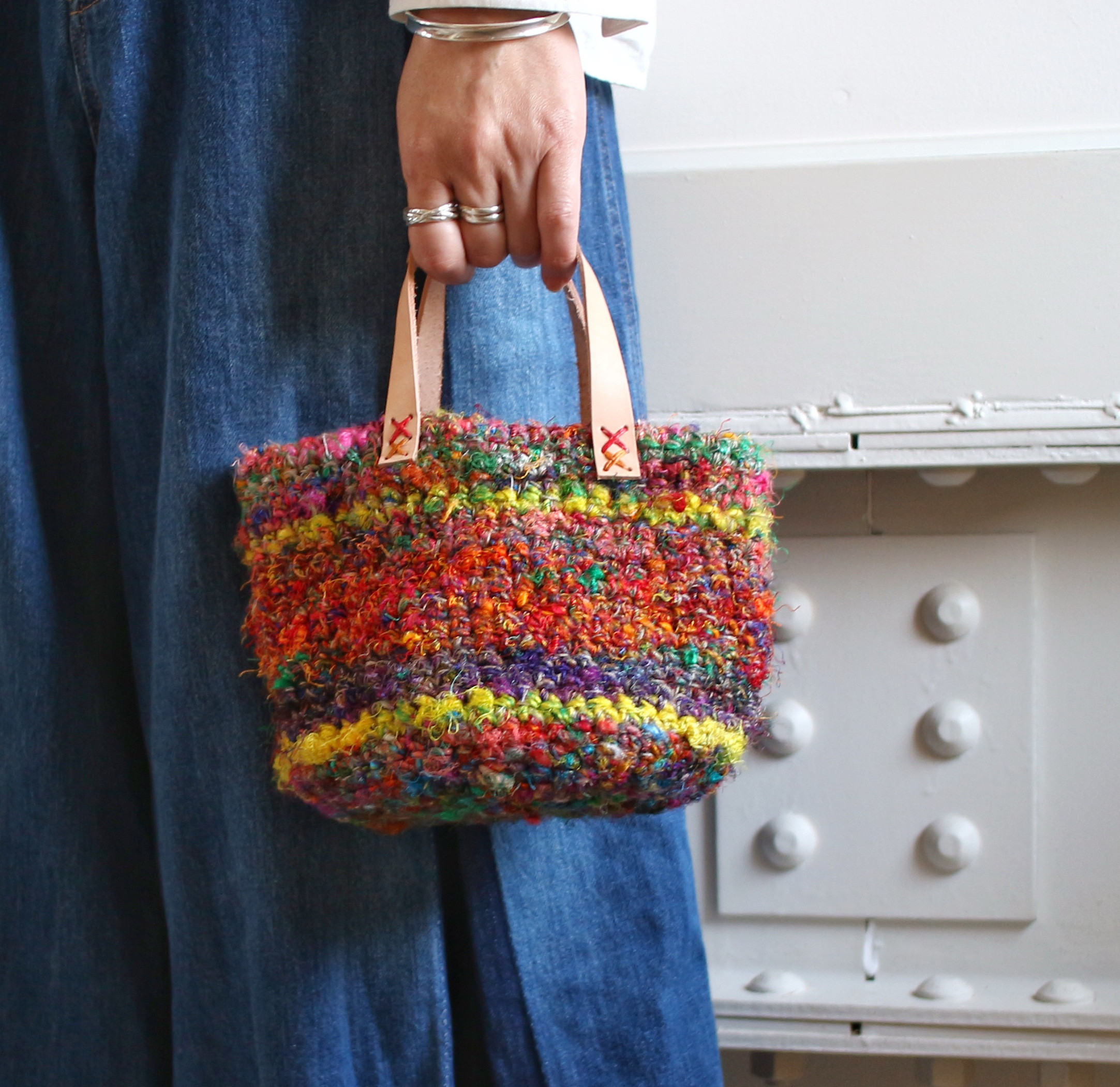 ◇リサイクルシルクのかごバッグ◇マルチカラー◇