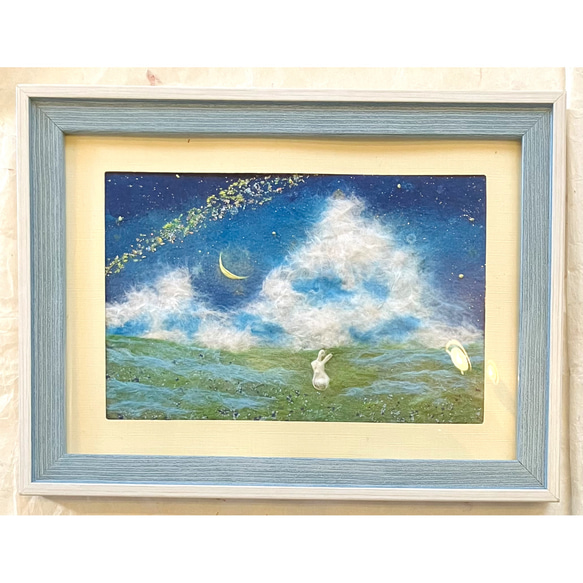 和紙ちぎり絵『星が流れる丘のうさぎ』葉書サイズ原画 切り絵 彩