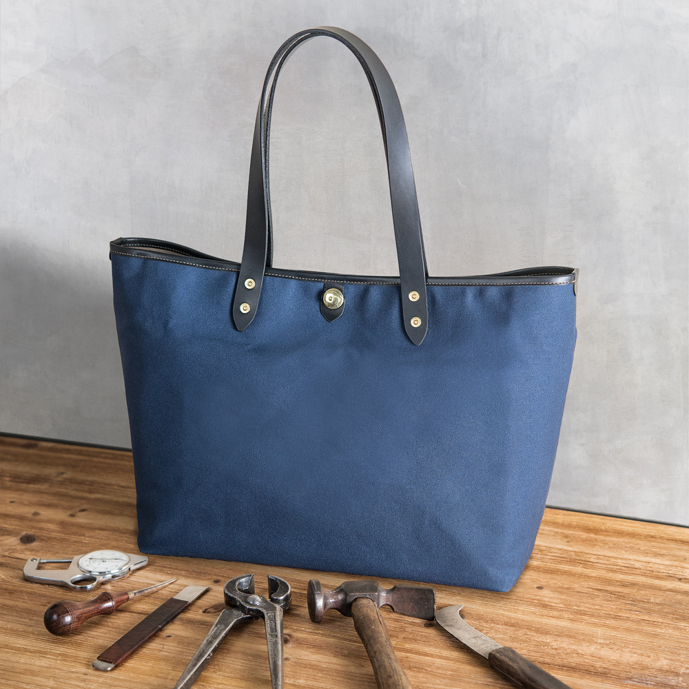 A4サイズ横型トート ネイビー帆布 x イタリア革BK ハンドル長さ選択可 機能性多数 収納仕分けで仕事の相棒を