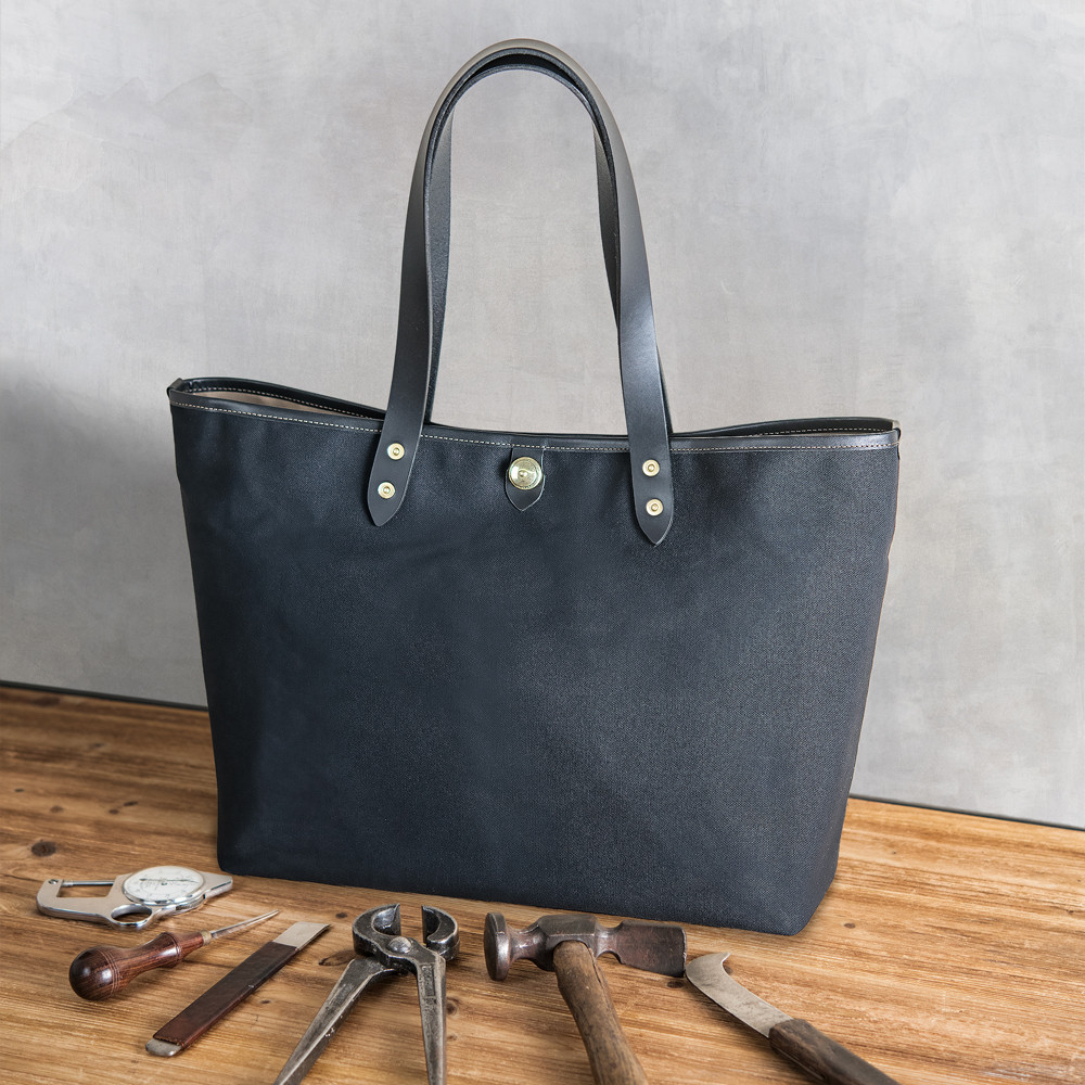A4サイズ横型トート 黒帆布 x イタリア革BK ハンドル長さ選択可 機能性多数 収納仕分けで仕事の相棒を