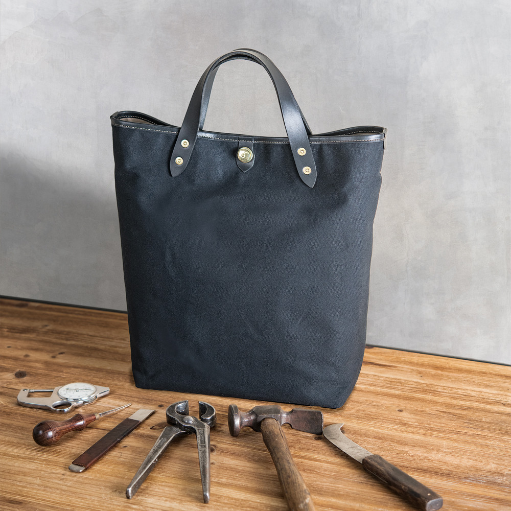 A4サイズ縦型トート 黒帆布 x イタリア革BK ハンドル長さ選択可 機能性多数 収納仕分けで仕事の相棒を