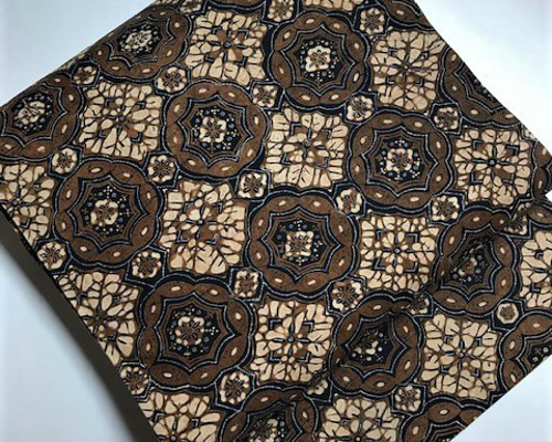 ⑤名古屋帯 バティック 木綿 茶系に水色ポイント クロスのような文様