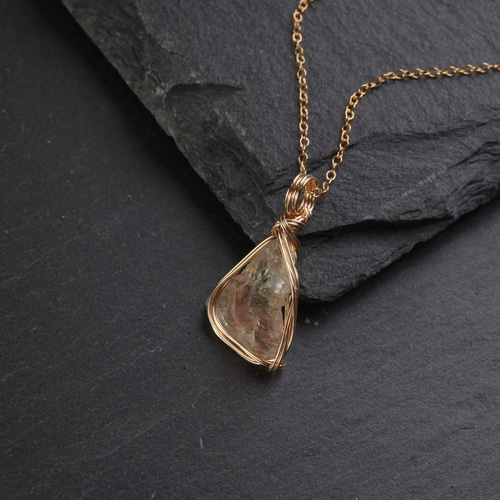 オレゴンサンストーン 原石 鉱物 ワイヤーラッピング ネックレス 14kgf