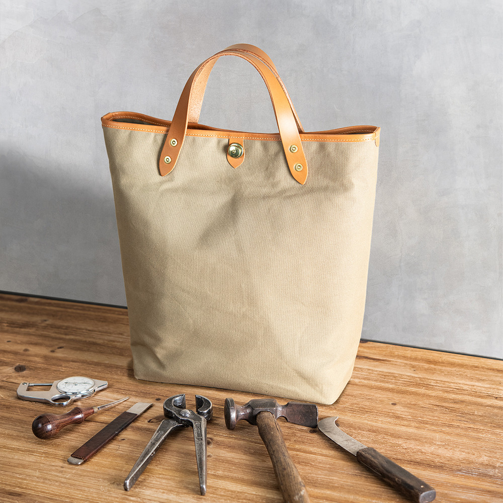 A4サイズ縦型トート カーキ帆布 x イタリア革CA ハンドル長さ選択可 機能性多数 収納仕分けで仕事の相棒を