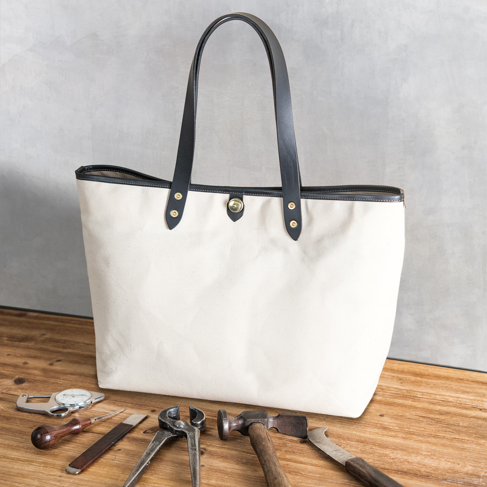 A4サイズ横型トート 生成り帆布 x イタリア革BK ハンドル長さ選択可 機能性多数 収納仕分けで仕事の相棒を