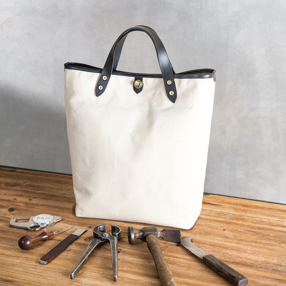 A4サイズ縦型トート 生成り帆布 x イタリア革BK ハンドル長さ選択可 機能性多数 収納仕分けで仕事の相棒を