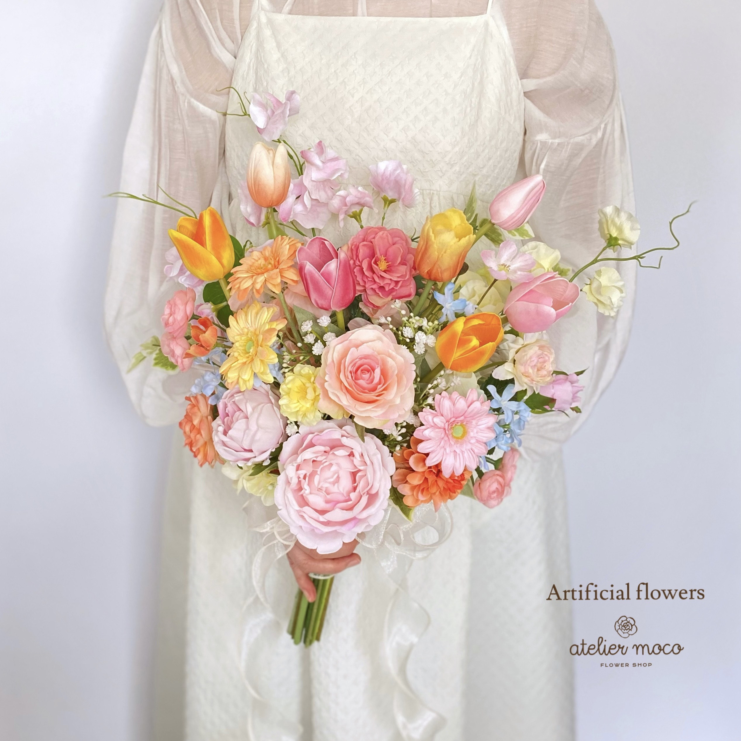 【オーダーメイド】チューリップ とローズの パステル クラッチブーケ（造花・ウェディング・結婚式・前撮り・フォト・ブーケ