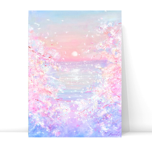 油絵 原画 オリジナル 「桜と海3」送料無料 絵画 Masako's Gallery