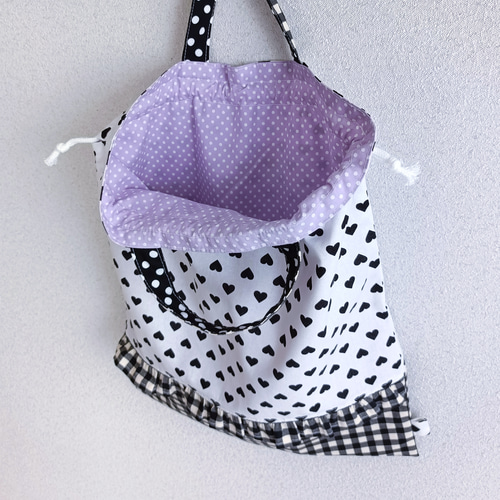 ハート柄とギンガムチェック・フリルの入園入学3点セット モノトーン