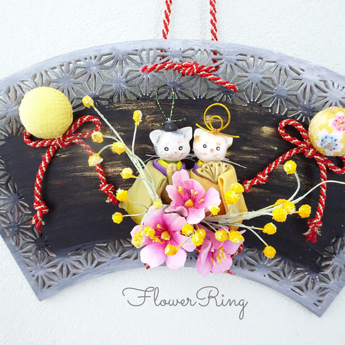 今宵月夜の猫ひな祭り【パン粘土/壁掛け】ハニーフラワーとミモザの