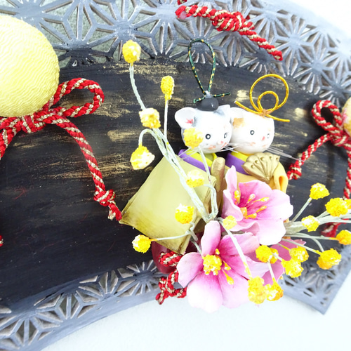 今宵月夜の猫ひな祭り【パン粘土/壁掛け】ハニーフラワーとミモザの