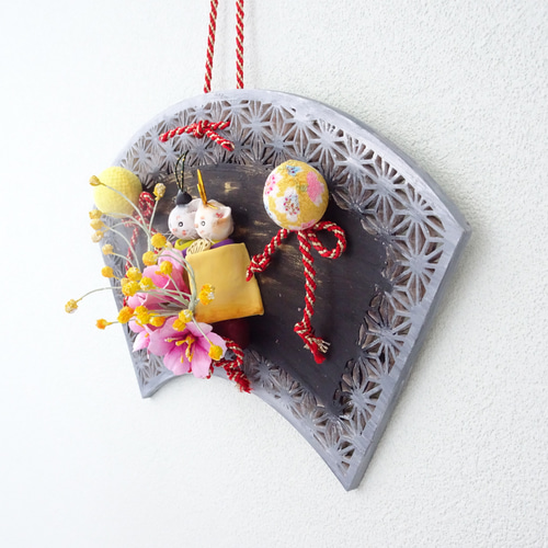 今宵月夜の猫ひな祭り【パン粘土/壁掛け】ハニーフラワーとミモザの