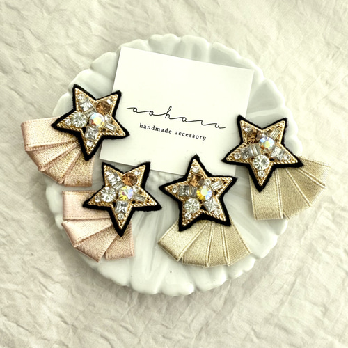 再販2 フリンジ ピンク グレー ピアス イヤリング ツイード リボン