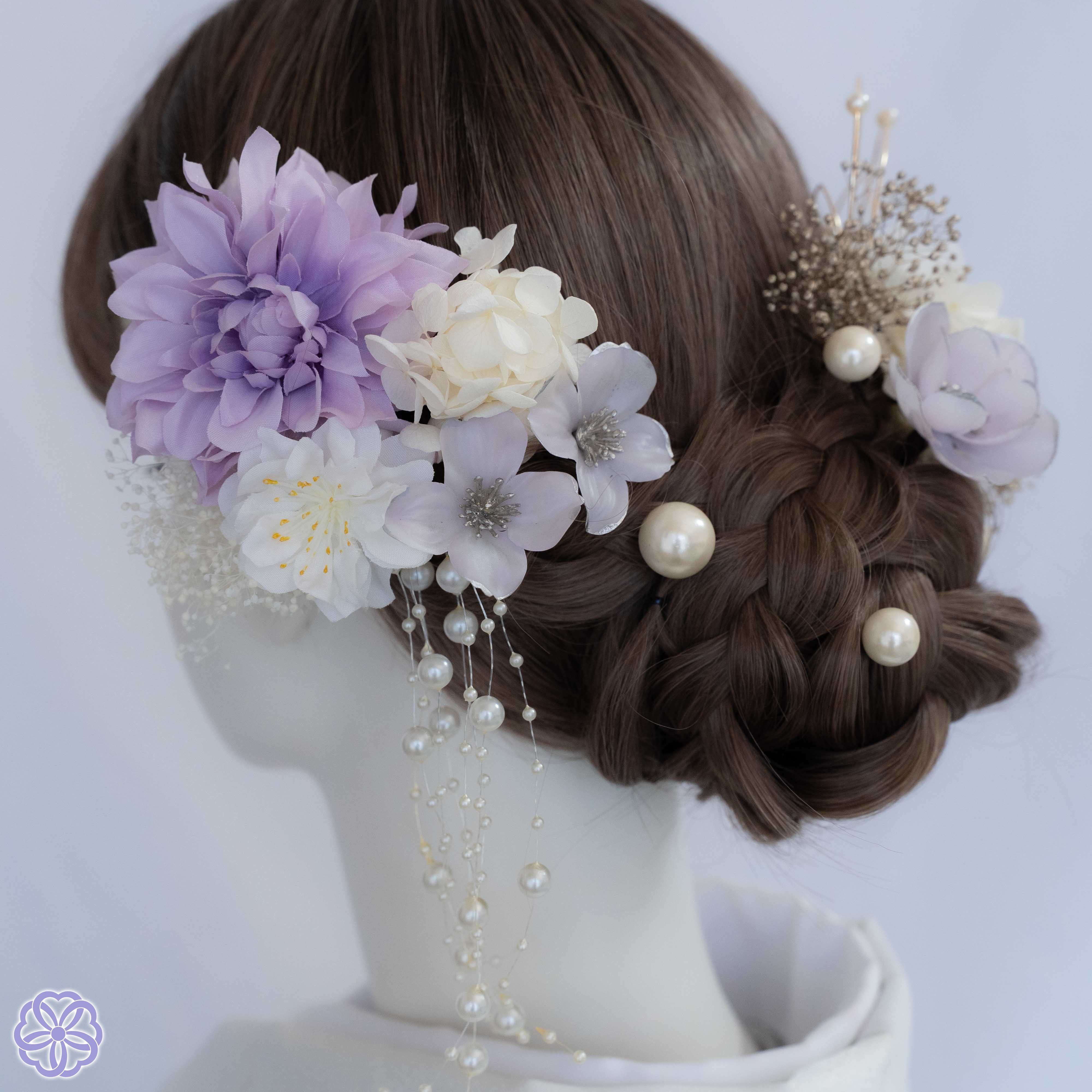 薄紫と枝垂れパールの髪飾り　No.WP09　成人式　卒業式　結婚式　成人式髪飾り　卒業式髪飾り　結婚式髪飾り　ヘアアクセ
