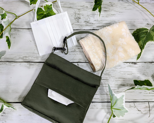 撥水☆移動ポケットポーチ☆無地オリーブグリーン☆持ち手付き移動