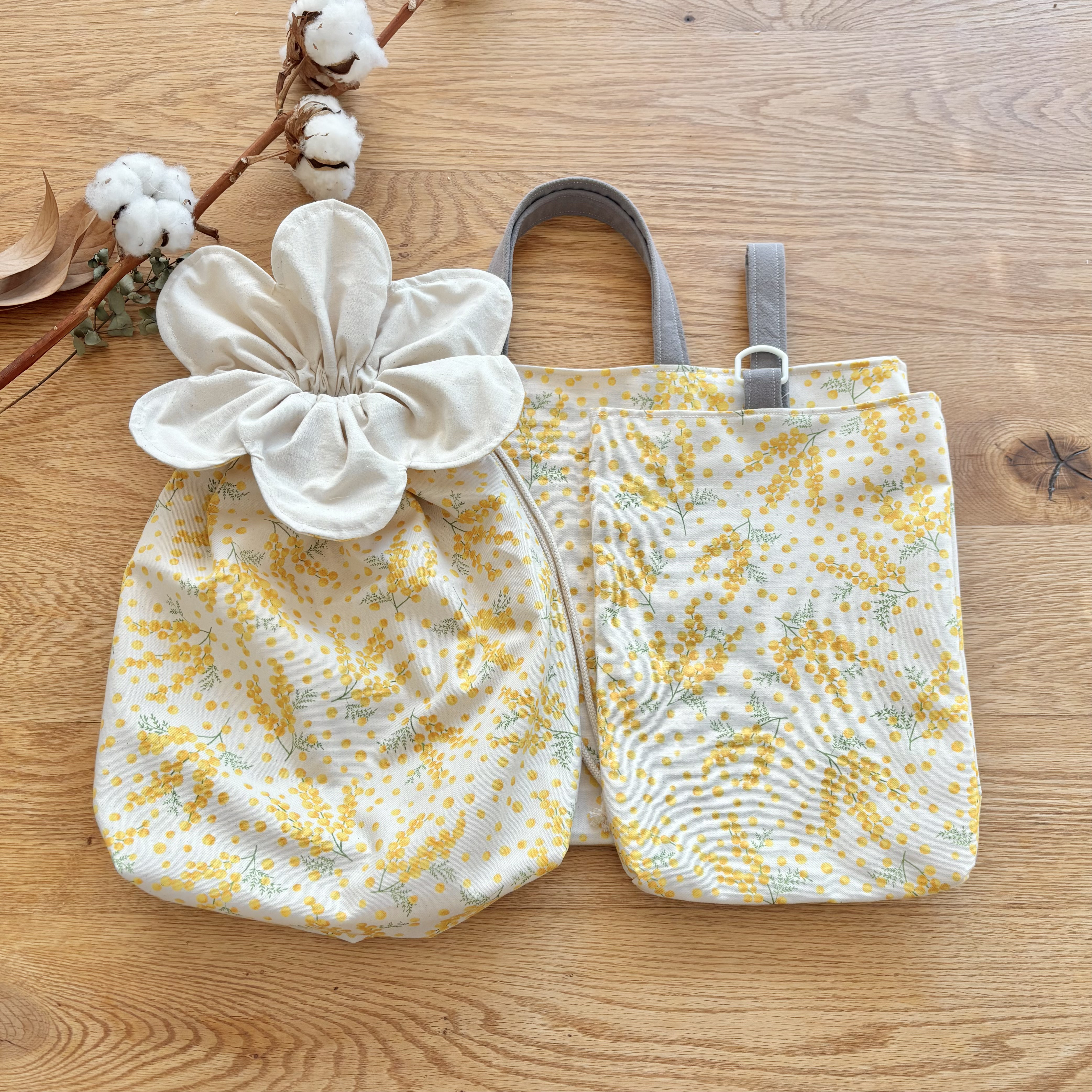 ミモザ｜入園入学3点セット/ハナマルコ巾着（上履き袋、体操袋）とレッスンバッグ 5,760円