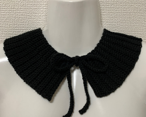 a59】かぎ針編み シンプル リブ リボン ブラック ソックヤーン つけ襟