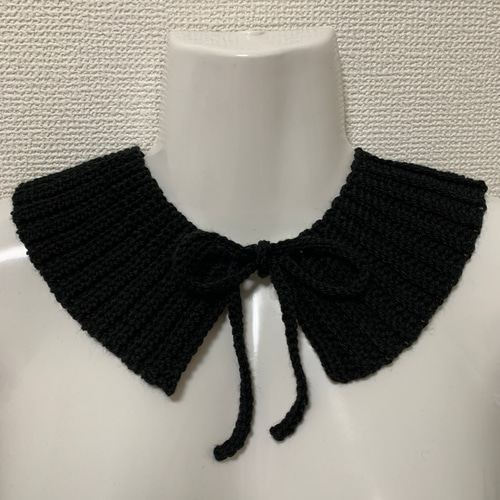a59】かぎ針編み シンプル リブ リボン ブラック ソックヤーン つけ襟