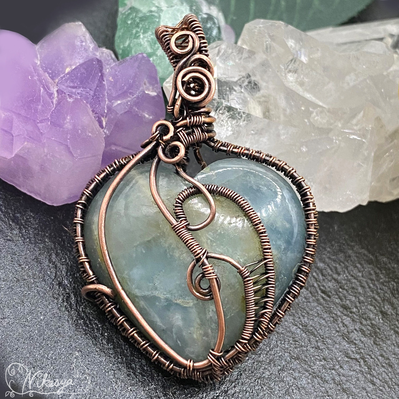 ハート型アクアマリンのペンダントトップ【ワイヤーアクセサリー】【一点もの】【3月誕生石】【送料無料】