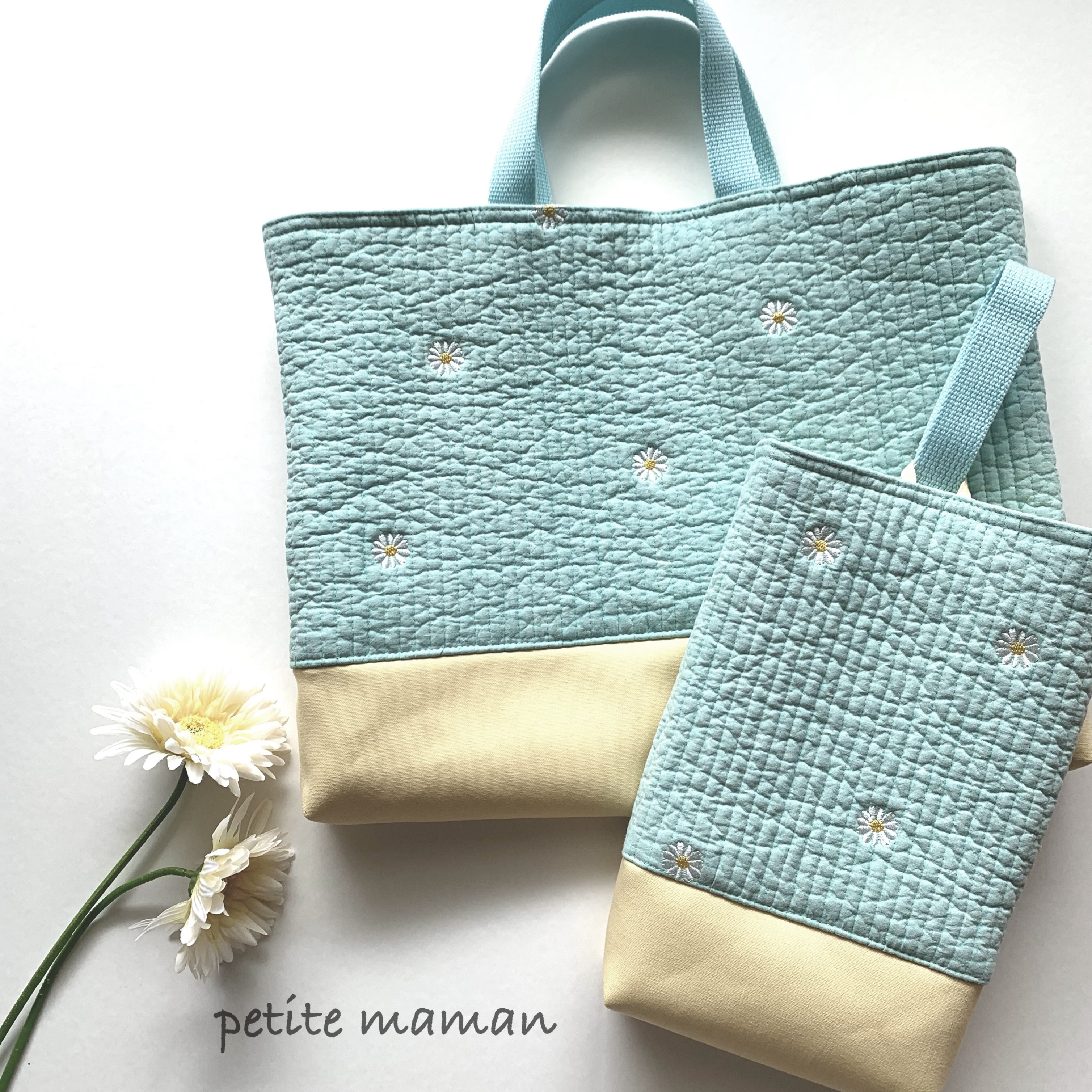 NEW【ヌビバッグミント】入園・入学2点セット　イブルバッグ　　花刺繍　即発送可能　レッスンバッグ　シューズ入れ